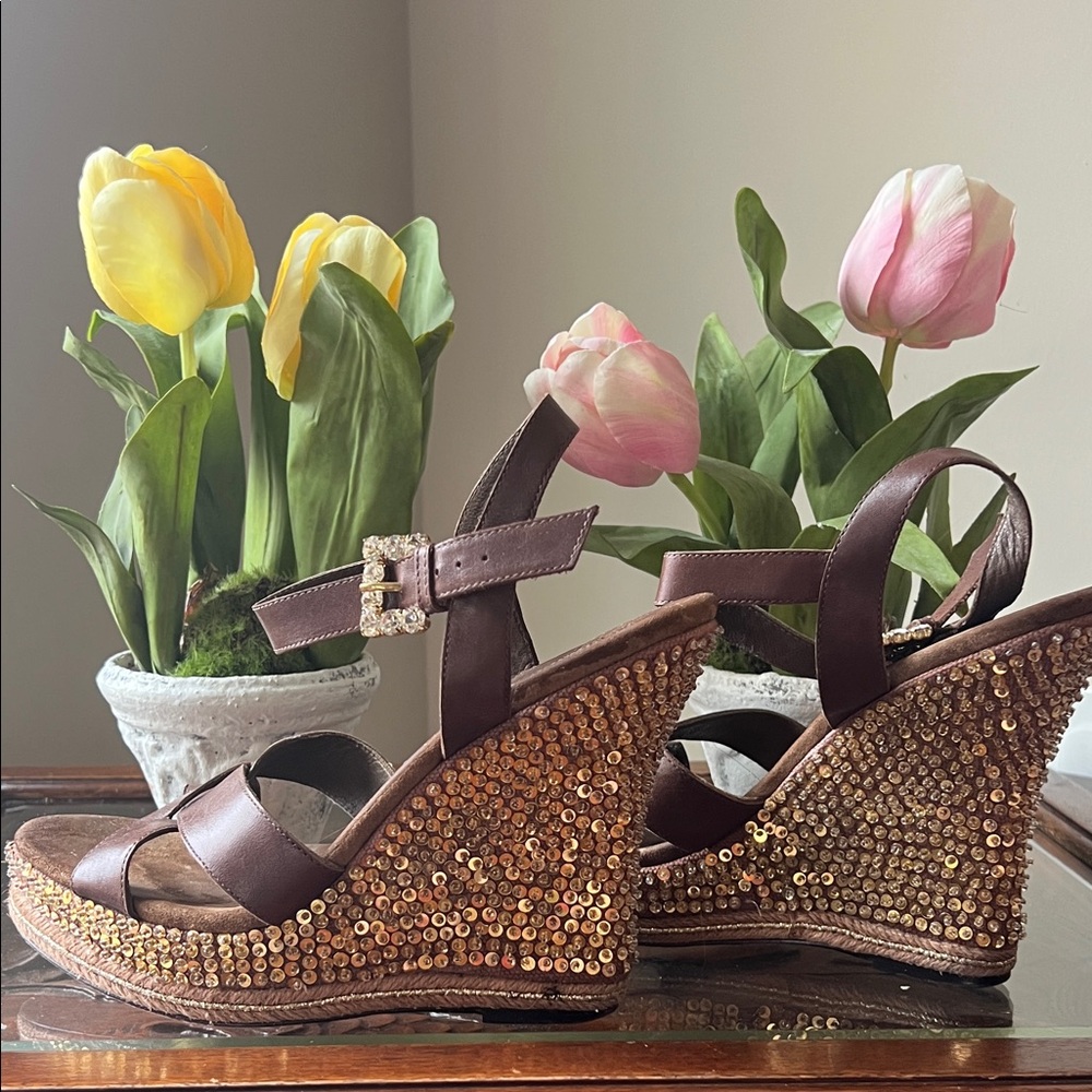 SUPER SALE ⭐️Brown and Gold Sequin Wedge Sandals